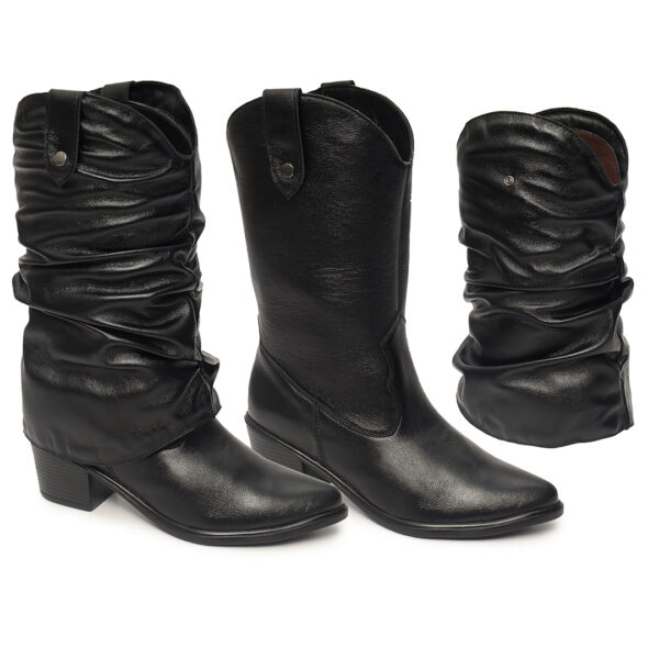Bota Feminina Western Cano Enrugado Removível em Couro Preta - Imagem 5