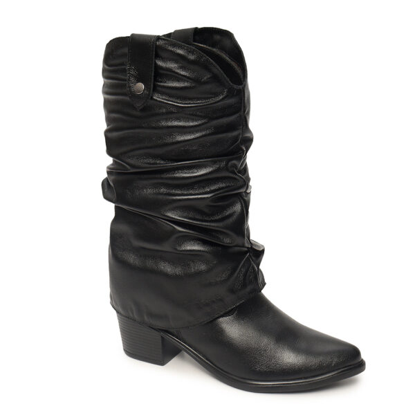 Bota Feminina Western Cano Enrugado Removível em Couro Preta - Imagem 2