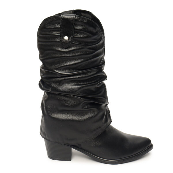 Bota Feminina Western Cano Enrugado Removível em Couro Preta