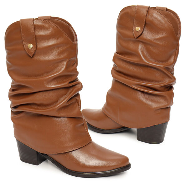 Bota Feminina Western Cano Enrugado Removível em Couro Havana - Imagem 6