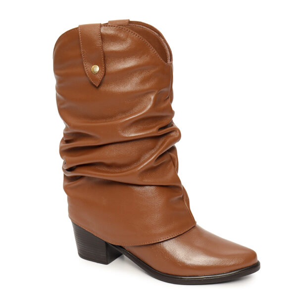 Bota Feminina Western Cano Enrugado Removível em Couro Havana - Imagem 2