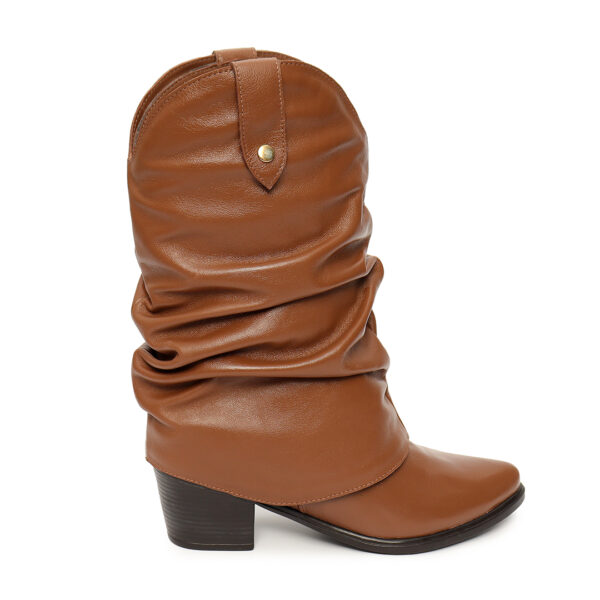 Bota Feminina Western Cano Enrugado Removível em Couro Havana