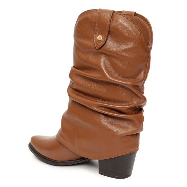Bota Feminina Western Cano Enrugado Removível em Couro Havana - Imagem 3