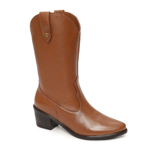 Bota Feminina Western Cano Enrugado Removível em Couro Havana - Imagem 4