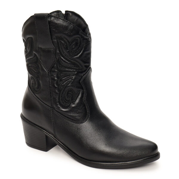 Bota Feminina Western Preta Cano Curto em Couro Bordada - Imagem 2