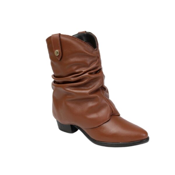 Bota Feminina Western Cano Curto Enrugado Removível em Couro Havana
