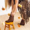 Bota Feminina Western Cano Curto Enrugado Removível em Couro Havana - Imagem 2