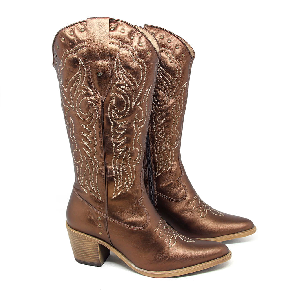 Bota Feminina Nashville Couro Metal Bronze Terracota
