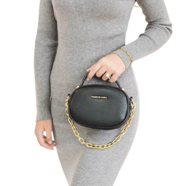 Bolsa Oval Mini com Corrente e Alça Transversal Removível - Preto