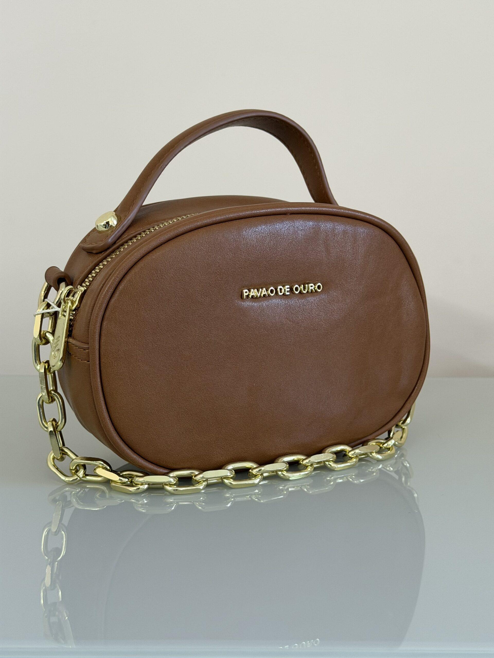 Bolsa Oval Mini com Corrente e Alça Transversal Removível -  Marrom