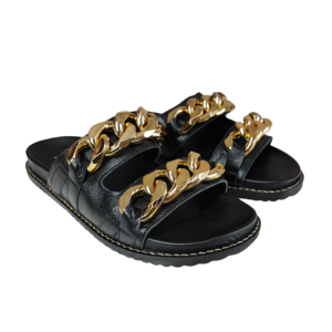 Sandália Papete Feminina Zêmel em Couro com Corrente Dourada