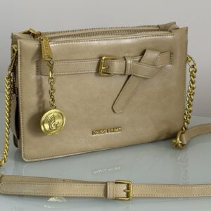 Bolsa Feminina Bege com Detalhe de Cinto e Corrente – Pavão de Ouro
